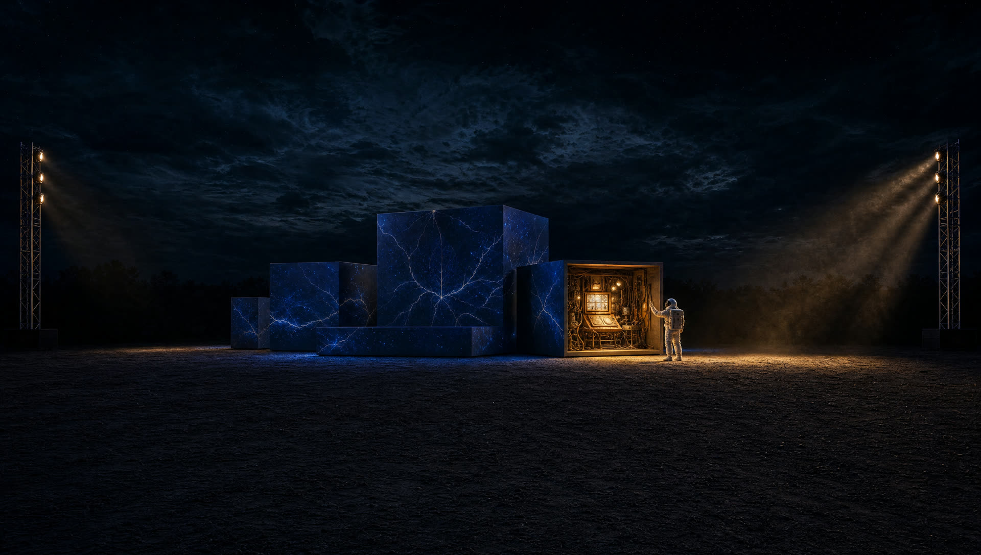 Um cubo aberto revela um cenário construído em luz âmbar.