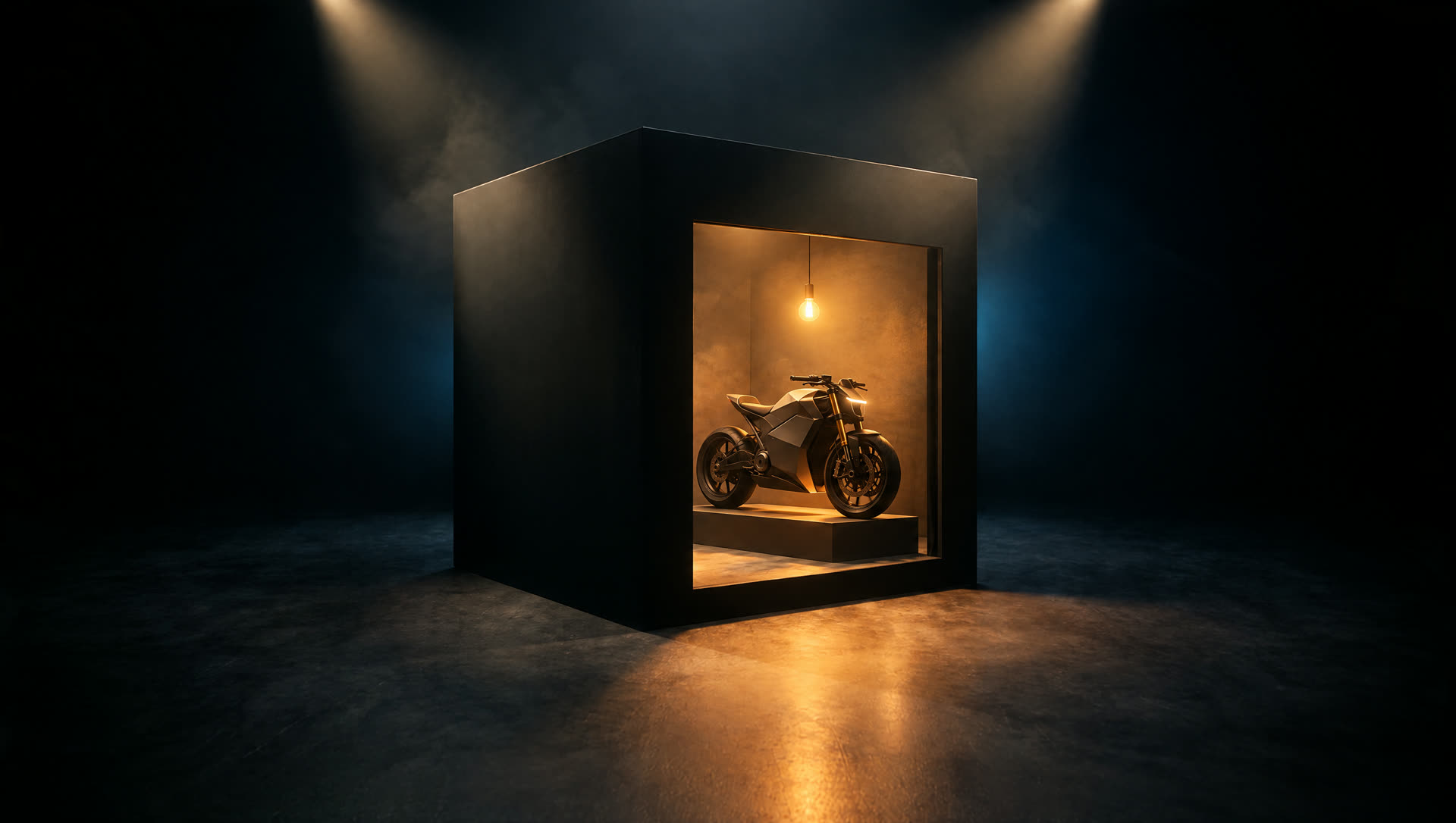O cubo aberto revela uma moto elétrica iluminada por dentro.