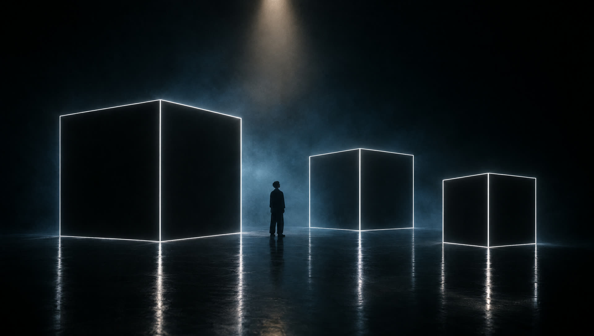 Três cubos pretos com arestas de LED branco num palco escuro, um performer entre eles.